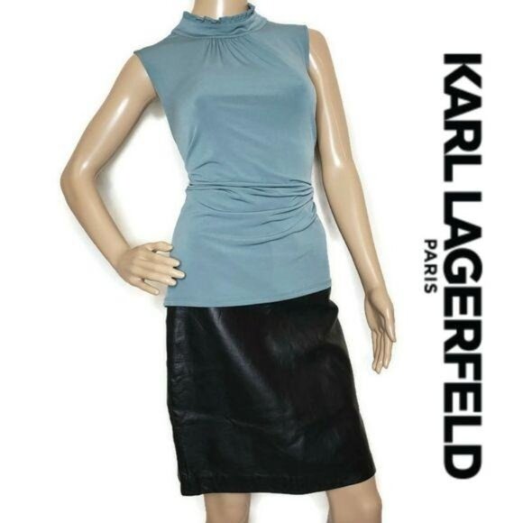 Karl Lagerfeld Paris NWT Womens Blue Sleeveless High-Neck Ruched Blouse L - Picture 2 of 10
